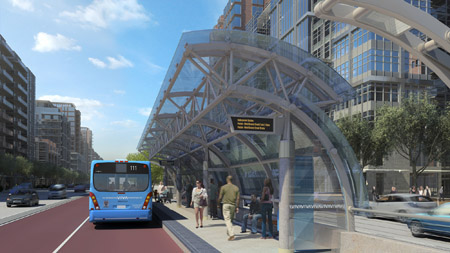 An artist rendering of a viva vehicle riding on the rapidway