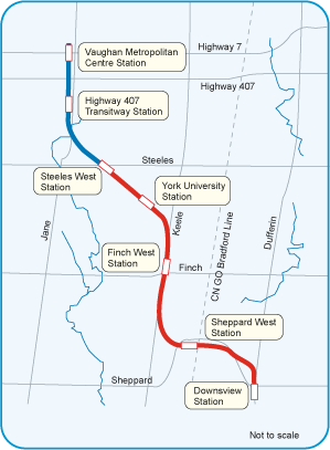 A map of the Spadina subway extension.
