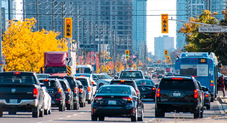 buses and cars in heavy traffic