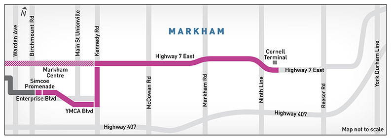 Map of highway 7 east bus rapid transit segments.