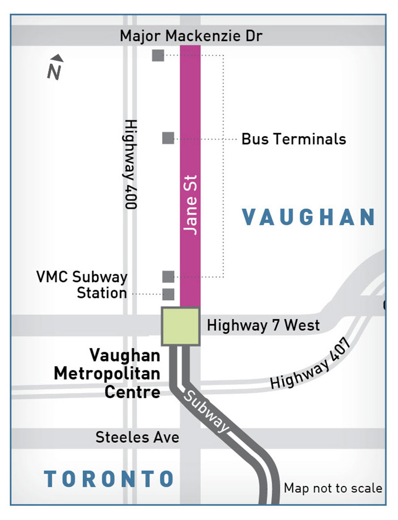 Map of proposed Jane Street BRT, travelling from Major Mackenzie to Highway 7 along Jane Street.