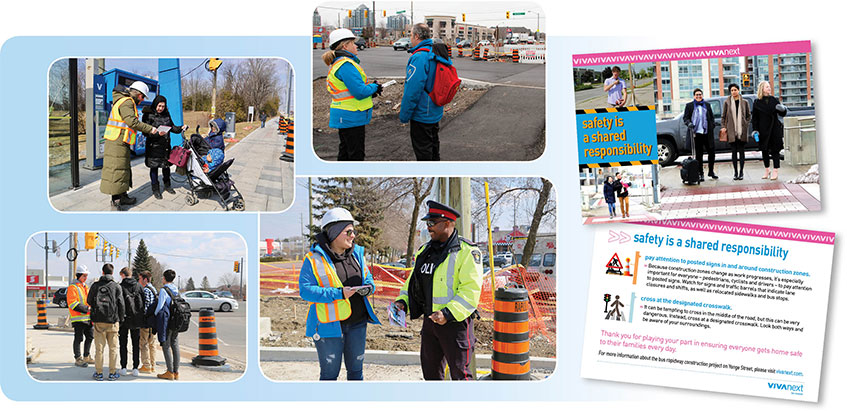 collage of images of staff handing out collateral to pedestrians during a safety blitz