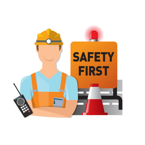 illustration of a construction worker in front of a safety first sign